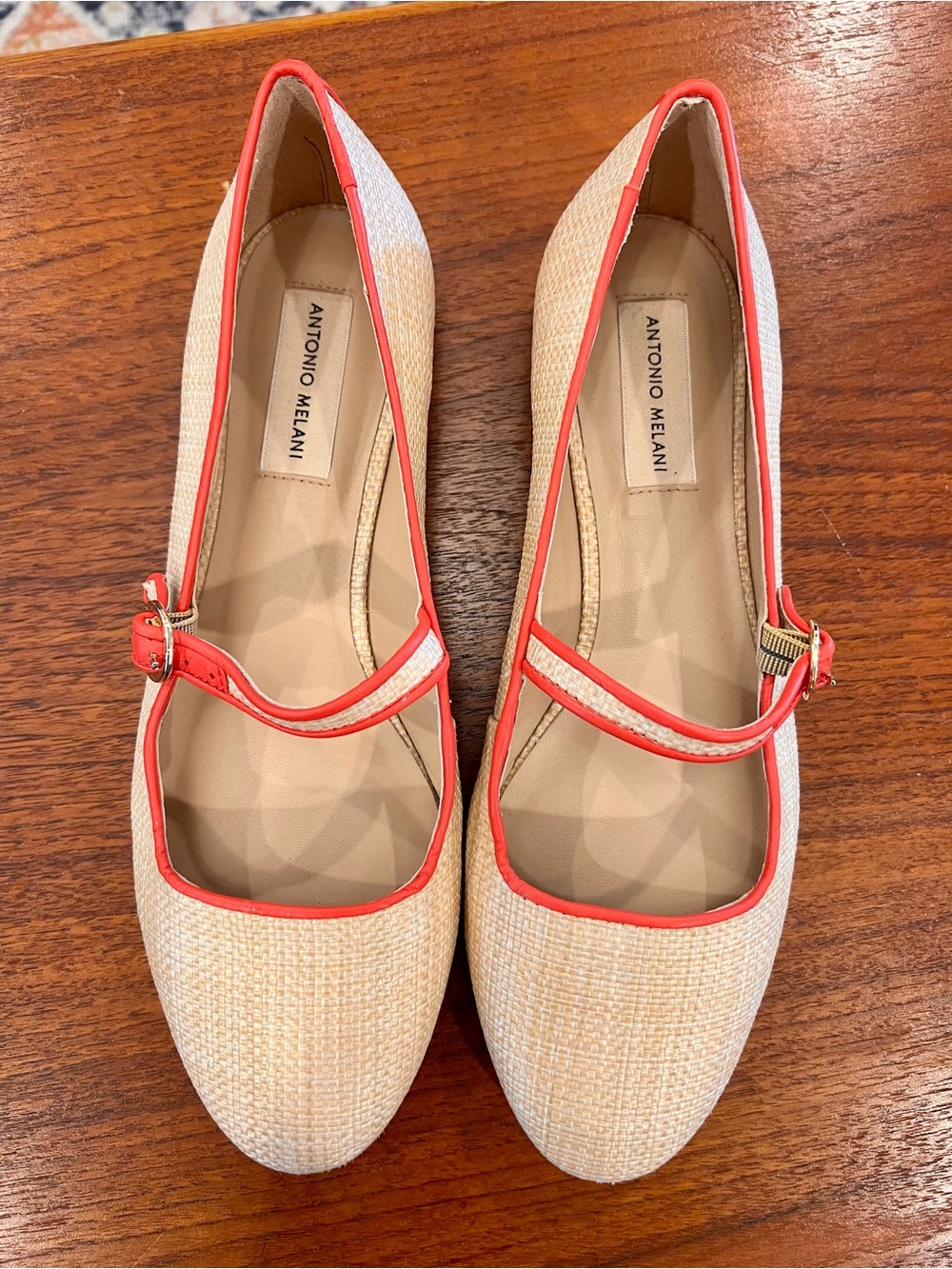 ANTONIO MELANI Ruth Raffia Woven Mary Jane Ballet Flats With Red Orange Trim
